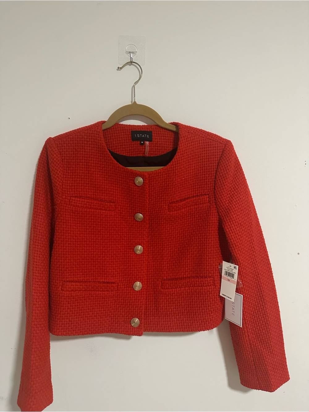 STATE Red Textured Cropped Jacket with Gold Buttons